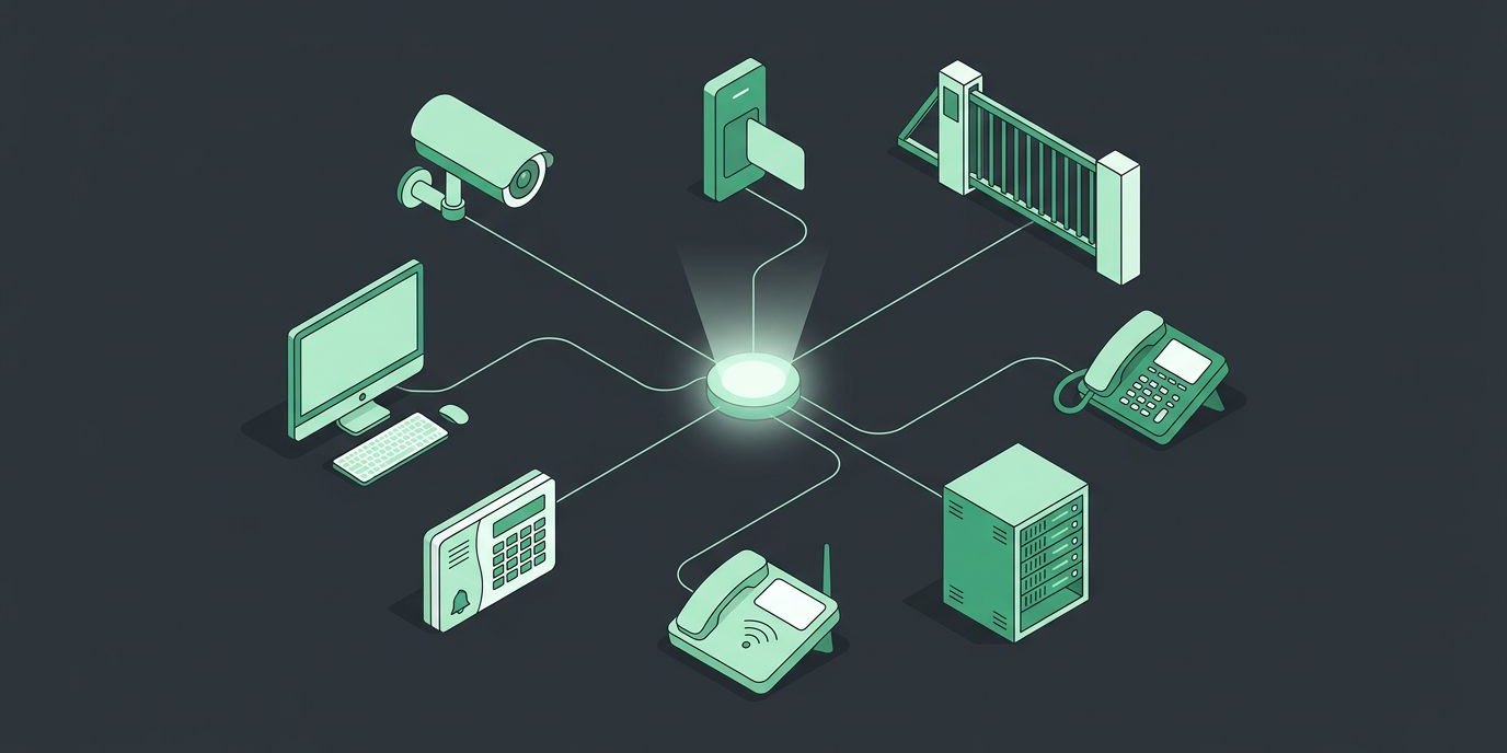 Illustration: a central hub linked to cameras, a card reader, a gate, a desk phone, WiFi, a network rack, and a computer