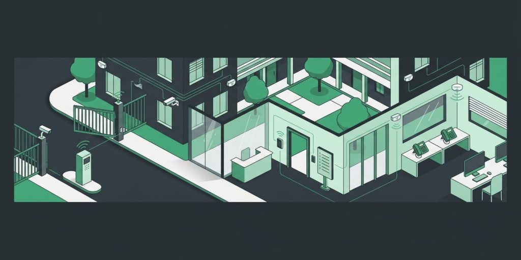 Smart Apartments, Access Control, and Security From One Team cover illustration Illustration: an apartment community with a call box at the gate, cameras, a lobby reader, desk phones in the office