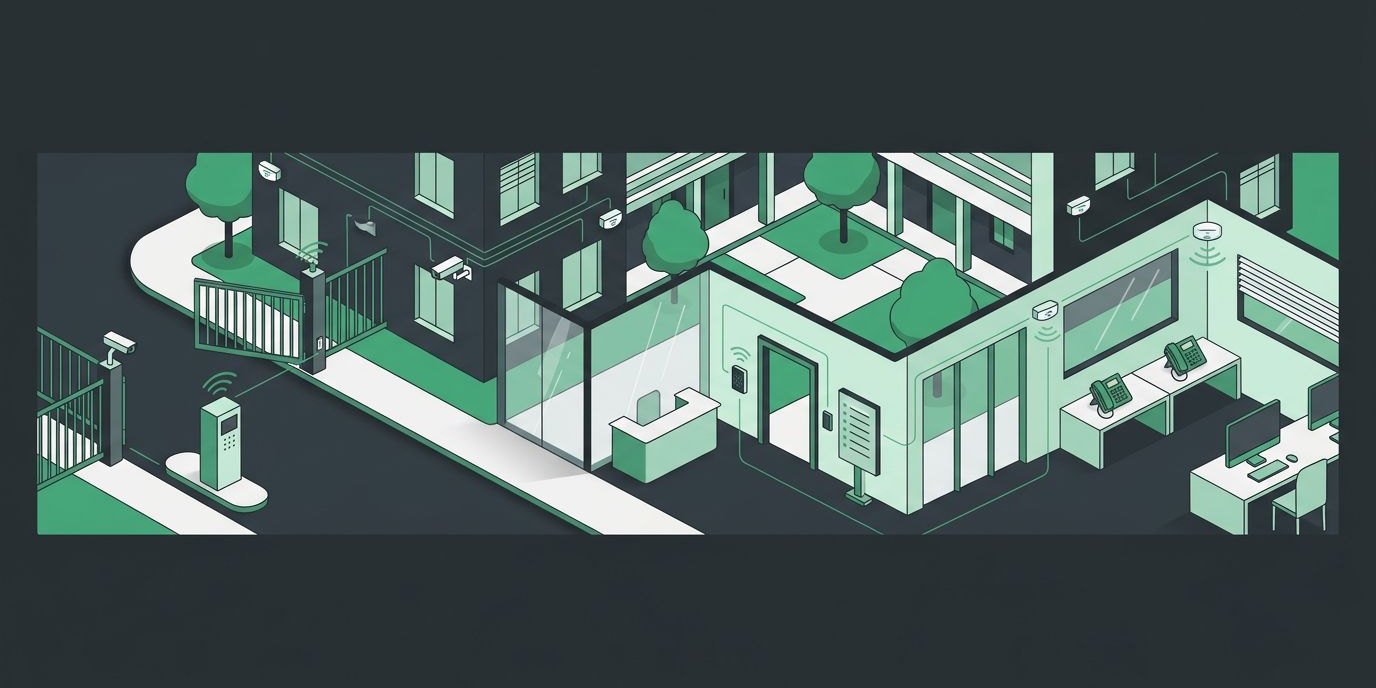 Smart Apartments, Access Control, and Security From One Team cover illustration Illustration: an apartment community with a call box at the gate, cameras, a lobby reader, desk phones in the office