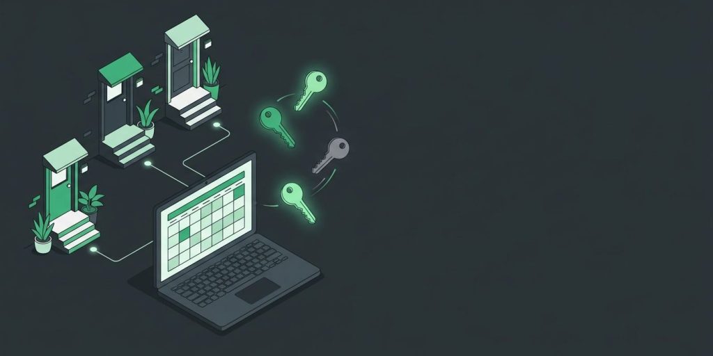 Smarter Multifamily Access Control That Works With Your Property Software cover illustration Illustration: apartment building doors linked by thin lines to a laptop showing a lease calendar