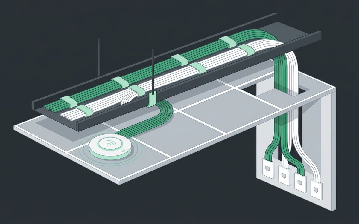 Illustration of neat cable bundles in a ceiling tray running to wall jacks and a WiFi access point