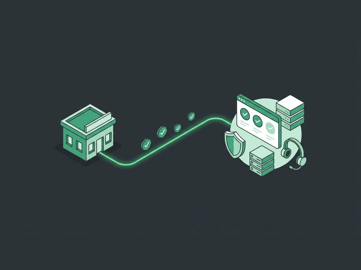 Illustration of an office building connected to a support hub with monitoring, a shield, a server, and a headset