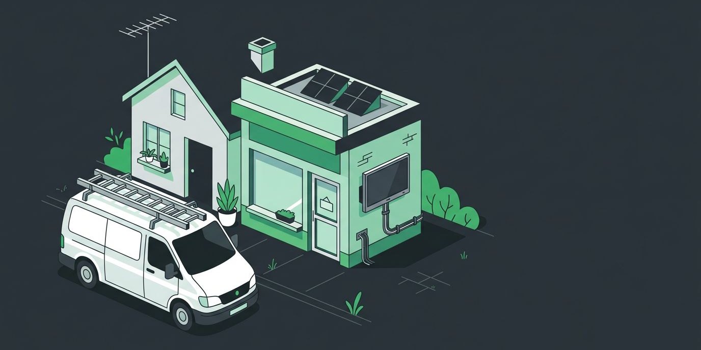 Illustration: a service van with a ladder and toolbox parked beside a home and a small business, with cables and a mounted TV