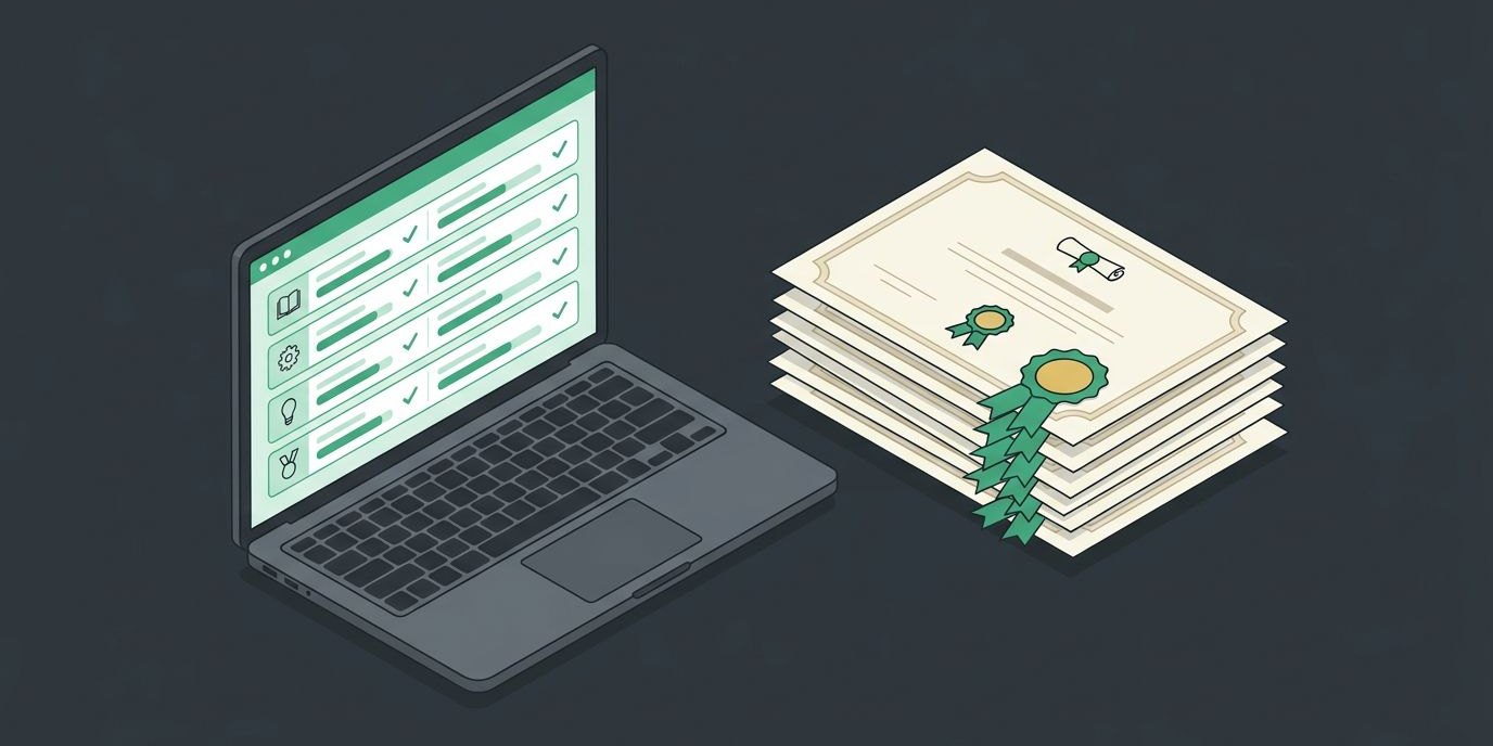 Illustration: a laptop showing an online training course with check marks beside a stack of completion certificates