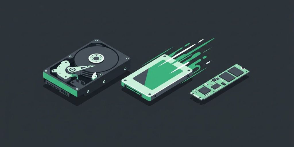 The Evolution of Data Storage: The Advantages of Solid State Drives (SSDs) Over Traditional Hard Disk Drives (HDDs) cover illustration Illustration: a traditional spinning hard drive beside a sleek solid-state drive and an NVMe stick