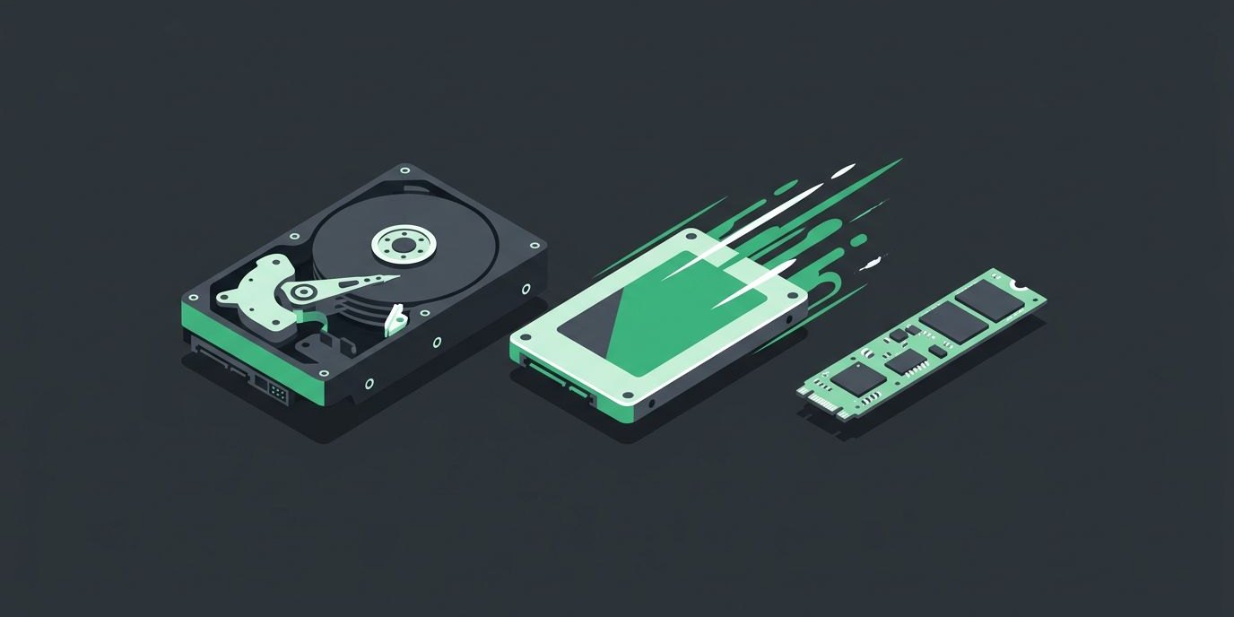 Illustration: a traditional spinning hard drive beside a sleek solid-state drive and an NVMe stick