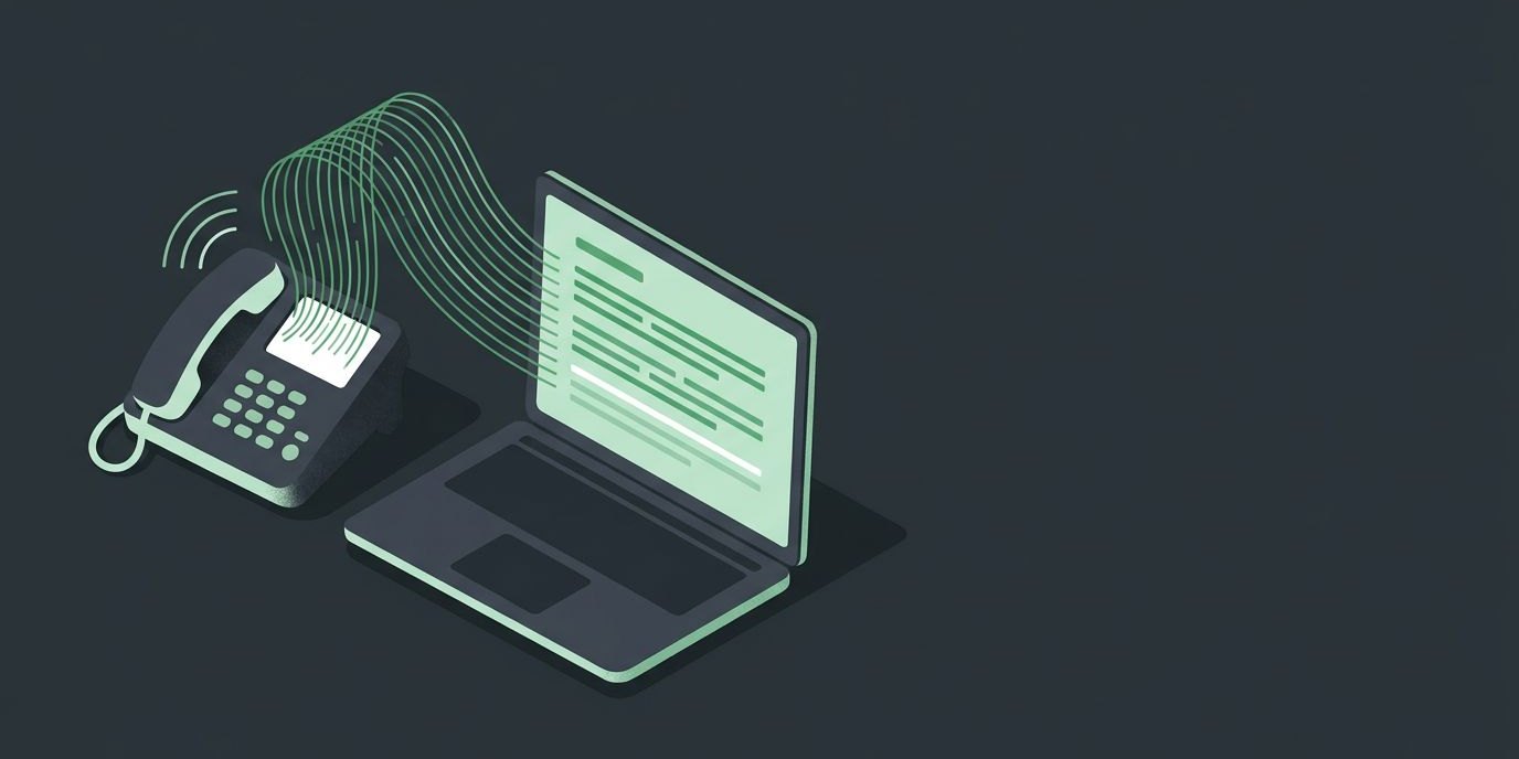 Illustration: a desk phone with sound waves turning into lines of text on a laptop screen beside it