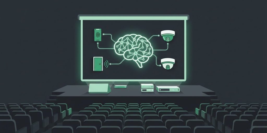 Thomas Giella Co-Presents Brivo AI Week Opening Session With Brivo CEO Dean Drako cover illustration Illustration: a large stage with a big screen showing a glowing neural network brain icon connected to a door reader