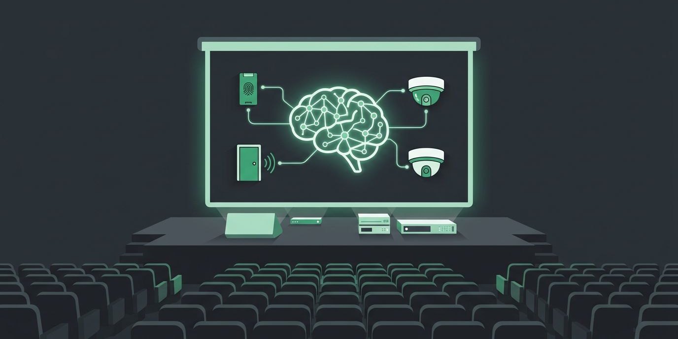 Thomas Giella Co-Presents Brivo AI Week Opening Session With Brivo CEO Dean Drako cover illustration Illustration: a large stage with a big screen showing a glowing neural network brain icon connected to a door reader