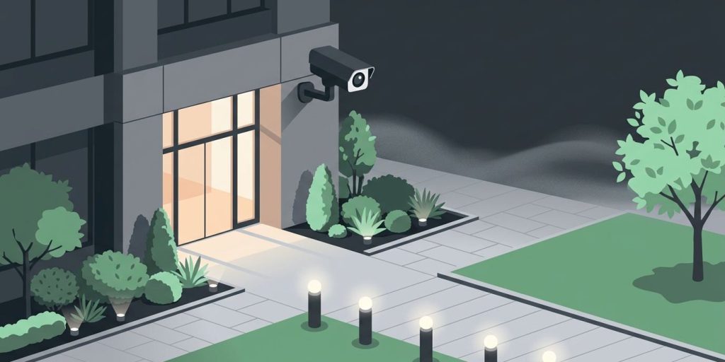 Thomas Giella Earns CPTED Designation From the Florida Crime Prevention Training Institute cover illustration Illustration: a building entrance with good lighting, clear sightlines, landscaping, and a camera