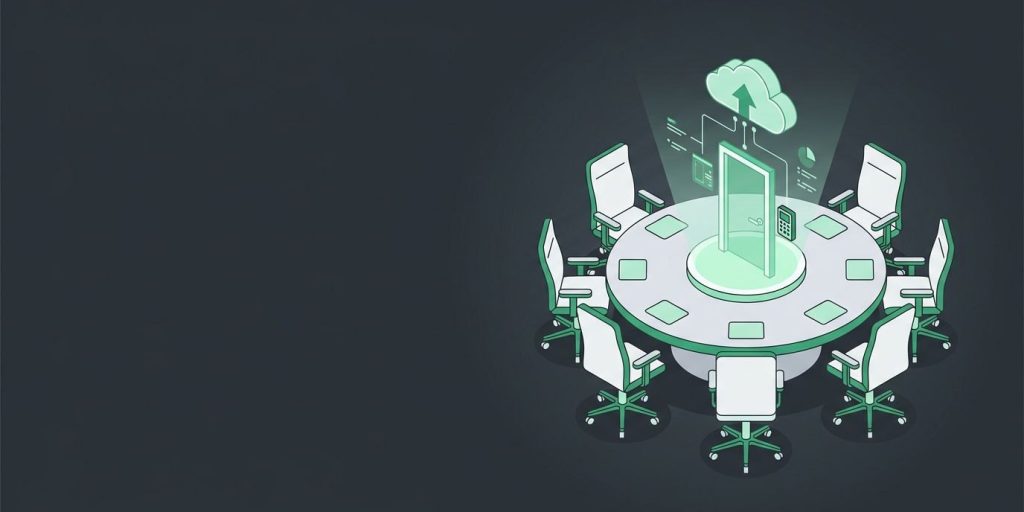 Thomas Giella Joins the Brivo Partner Advisory Council cover illustration Illustration: a round conference table with empty chairs and a central hologram of a door reader and cloud