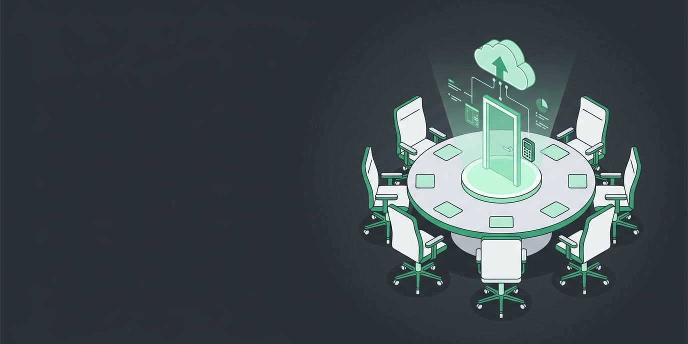 Thomas Giella Joins the Brivo Partner Advisory Council cover illustration Illustration: a round conference table with empty chairs and a central hologram of a door reader and cloud