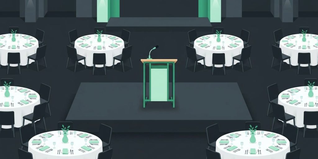 Thomas Giella Speaks at the Wesley Chapel Chamber Lunch ‘N Learn cover illustration Illustration: a podium with a microphone at a lunch event with round tables and place settings