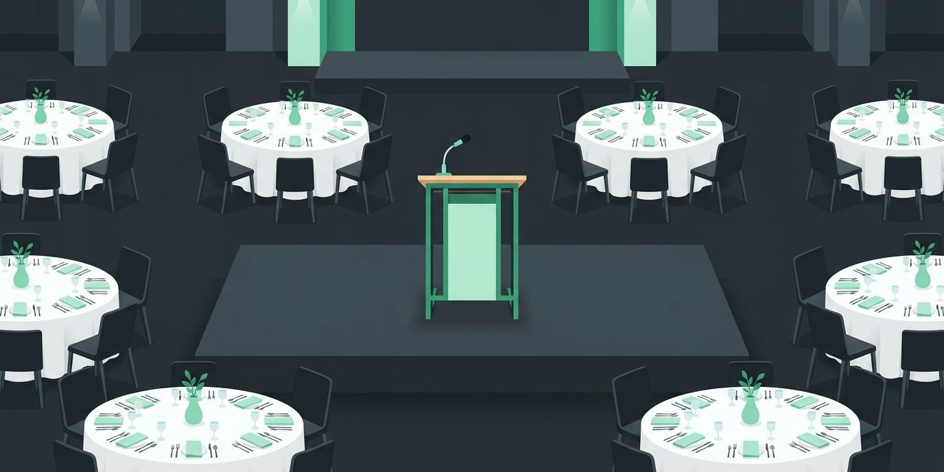 Thomas Giella Speaks at the Wesley Chapel Chamber Lunch ‘N Learn cover illustration Illustration: a podium with a microphone at a lunch event with round tables and place settings