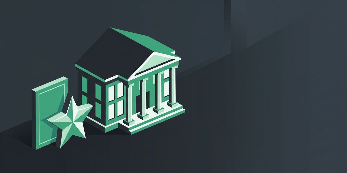 Illustration: an award plaque with a green star beside a college building with columns