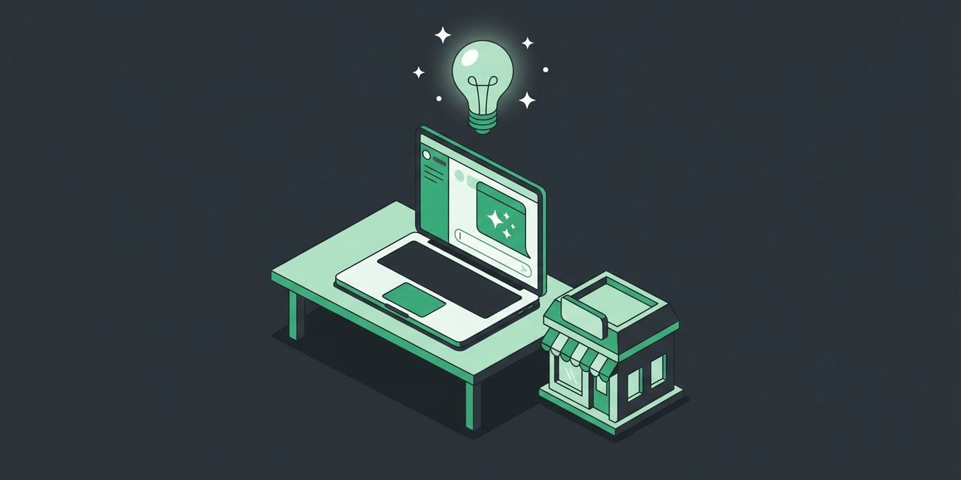 Thomas Giella Presents “Where Does AI Fit Into Your Business?” at SMARTstart cover illustration Illustration: a small business desk with a laptop showing an AI chat window, a lightbulb, and a storefront