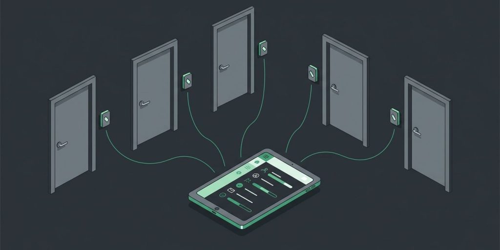 Track Every Door Entry and Access History cover illustration Illustration: a row of five doors with card readers sending access events to one tablet showing the history