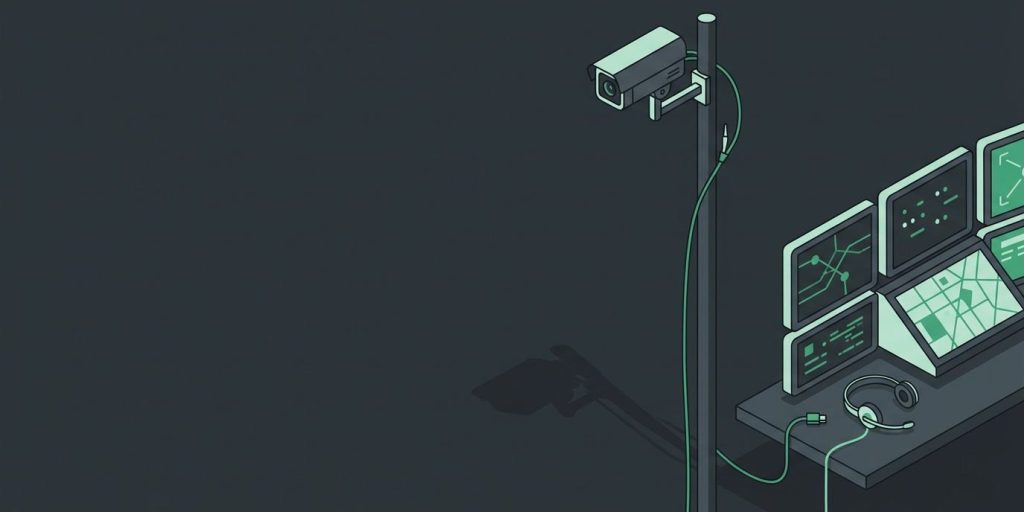 Turn Your Security Cameras Into a 911 Emergency Response Tool cover illustration Illustration: a security camera on a pole sharing a live view to an emergency dispatch console with a headset and screens