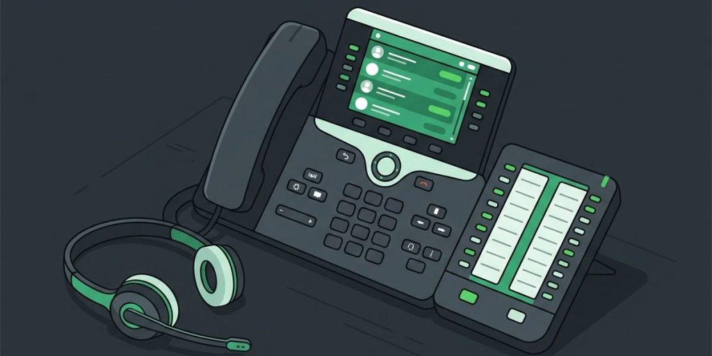 Business VoIP desk phone Illustration of a color business desk phone with a key expansion module and a headset