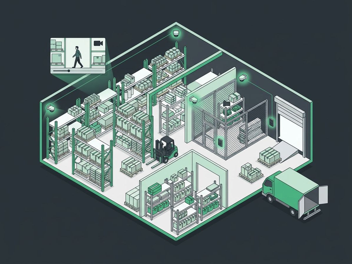 Illustration of a warehouse cutaway with racking aisles, a dock door, and a caged area covered by cameras and a card reader