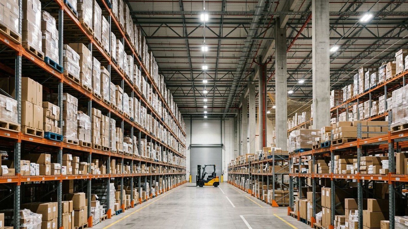Warehouse aisle with tall pallet racking and a forklift at the end