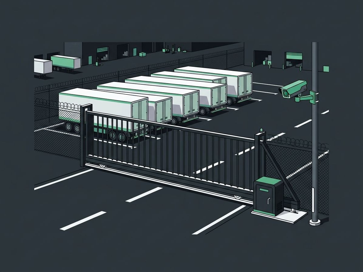 Illustration of a sliding gate at a distribution yard with a gate operator, a plate camera, and parked trailers