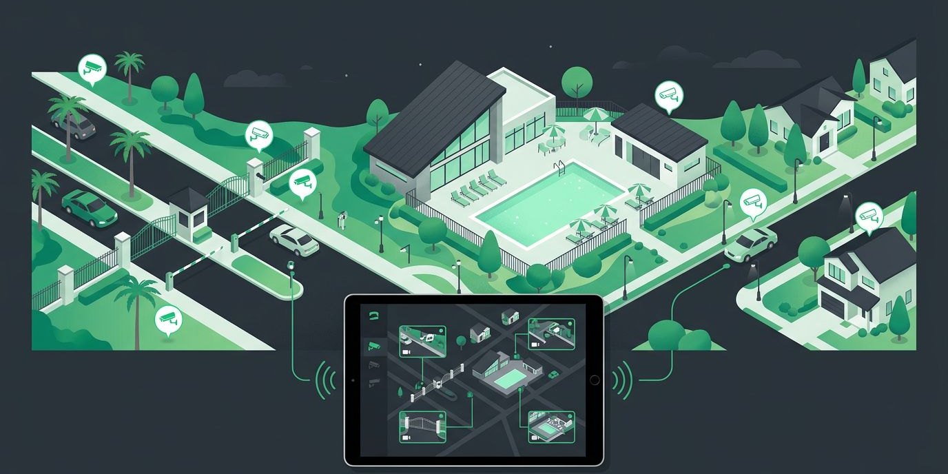 Illustration: a community development district with an amenity center, pool, gate entrance, and cameras