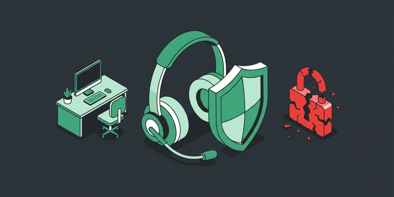 Why SMBs and Property Managers Can’t Afford to Skip MSP/Tech Support cover illustration Illustration: a help desk headset and a shield standing between a small office and a broken lock representing ransomware