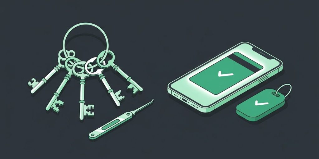 Why Traditional Rekeying Is Costing Thousands Every Year cover illustration Illustration: a ring of old keys and a lock pick on the left, a smartphone mobile pass and key fob on the right