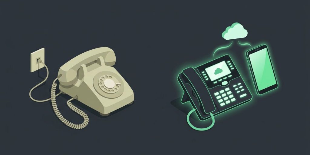 Why VoIP Phone Systems Are a Better Fit for Small Businesses Than Analog Office Phones cover illustration Illustration: an old analog office phone fading out beside a modern VoIP desk phone and smartphone linked to a cloud
