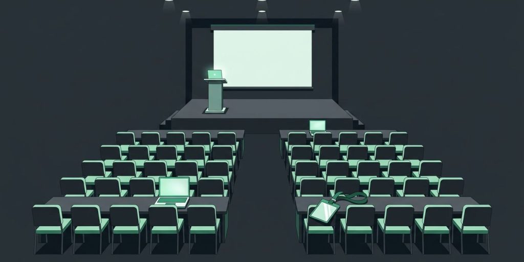 Helping Organize WordCamp Tampa cover illustration Illustration: a conference hall with a stage and rows of empty chairs, laptops on tables, and a lanyard badge