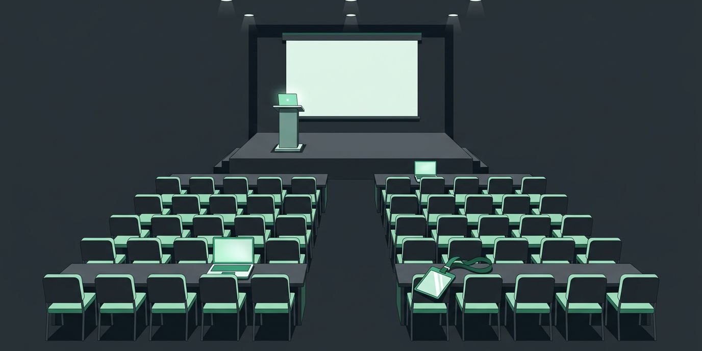 Illustration: a conference hall with a stage and rows of empty chairs, laptops on tables, and a lanyard badge