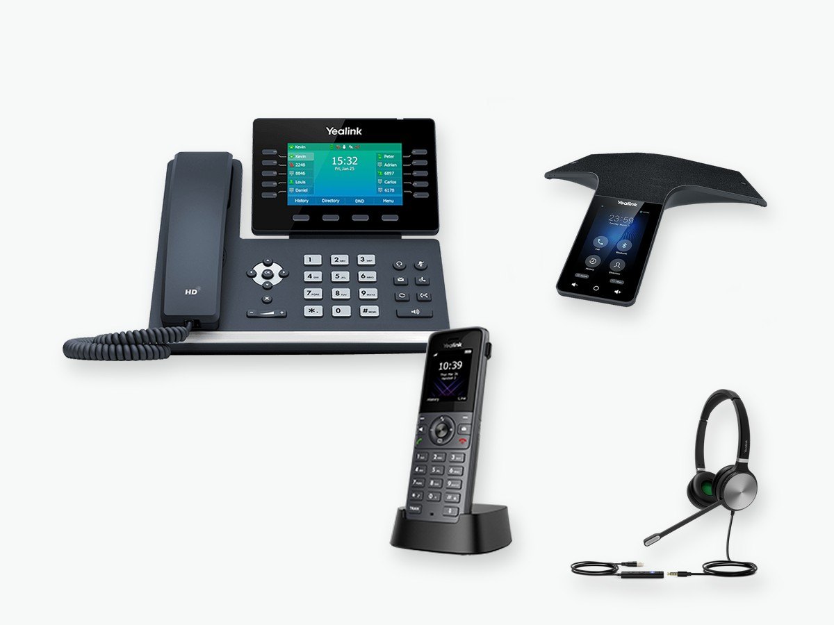 Yealink color desk phone, conference phone, cordless phone, and headset
